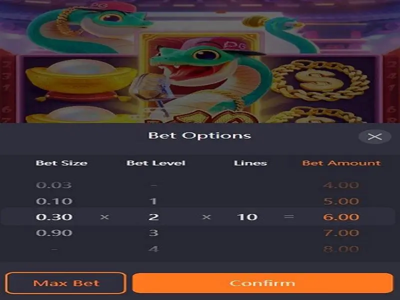 Betting options in the game Fortune Snake